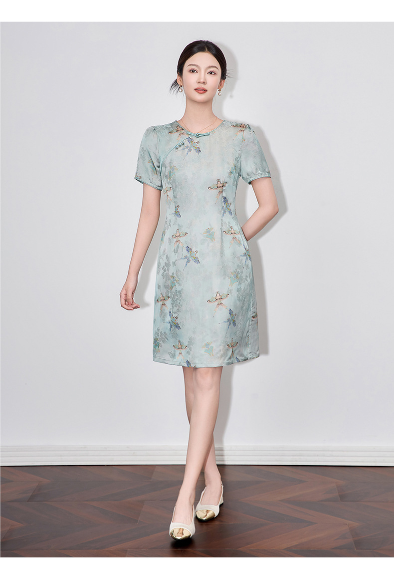 Váy sườn xám cách tân jacquard phong cách Trung Quốc chất liệu sợi mây thơm, dáng suông thắt eo, tay ngắn mùa hè — Màu xanh lam chi tiết 9