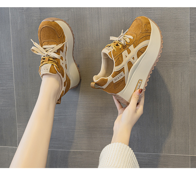 Giày sneaker nữ đế dày tăng chiều cao 7 cm phong cách đa năng mùa thu đông — M2999 li đơn màu vàng, M2999-1 màu vàng nhung, M2999-1 màu nâu cộng nhung, M2999 lớp lót đơn màu nâu chi tiết 12