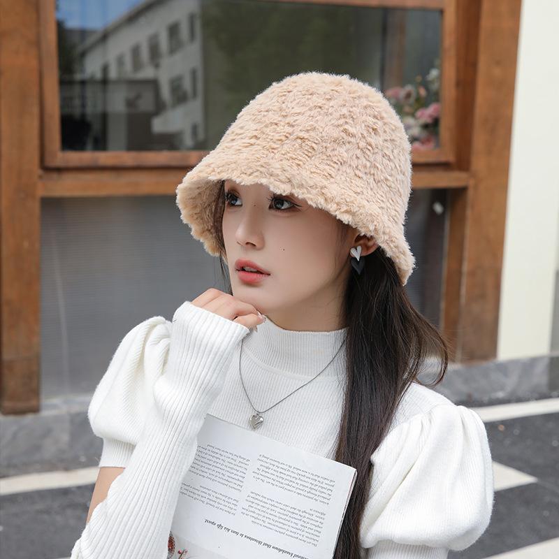 Autumn and Winter New Women's Solid Color Warm Fury Pot Hat with Large Headband, High Quality and Simple Bucket Hat Tide_voghion.com