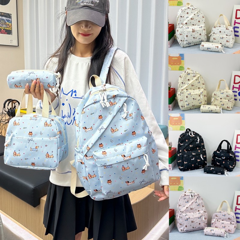 Nueva mochila escolar femenina con estampado de dibujos animados, mochila de tres piezas para estudiantes de secundaria y preparatoria, mochila de viaje de gran capacidad