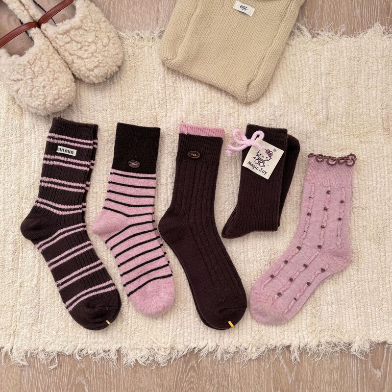Autumn and Winter Korean-Style Mid-Calf Socks, Thickened and Warm, Trendy Striped Slouch Socks, Pink and Coffee-Colored Wool Socks