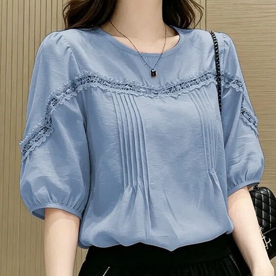 Cotton Pleated Lace Patchwork Round Neck Puff Sleeve Shirt, Loose and Stylish, Slimming and Versatile, Thin Blouse for Women Cotton Pleated Lace Patchwork Round Neck Puff Sleeve Shirt, Loose and Stylish, Slimming and Versatile, Thin Blouse for Women