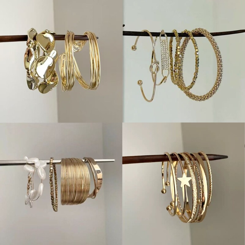 European and American Retro Exaggerated Gold Bracelet Set with Geometric Diamond-Encrusted Pearls and Unique Multi-Layered Design