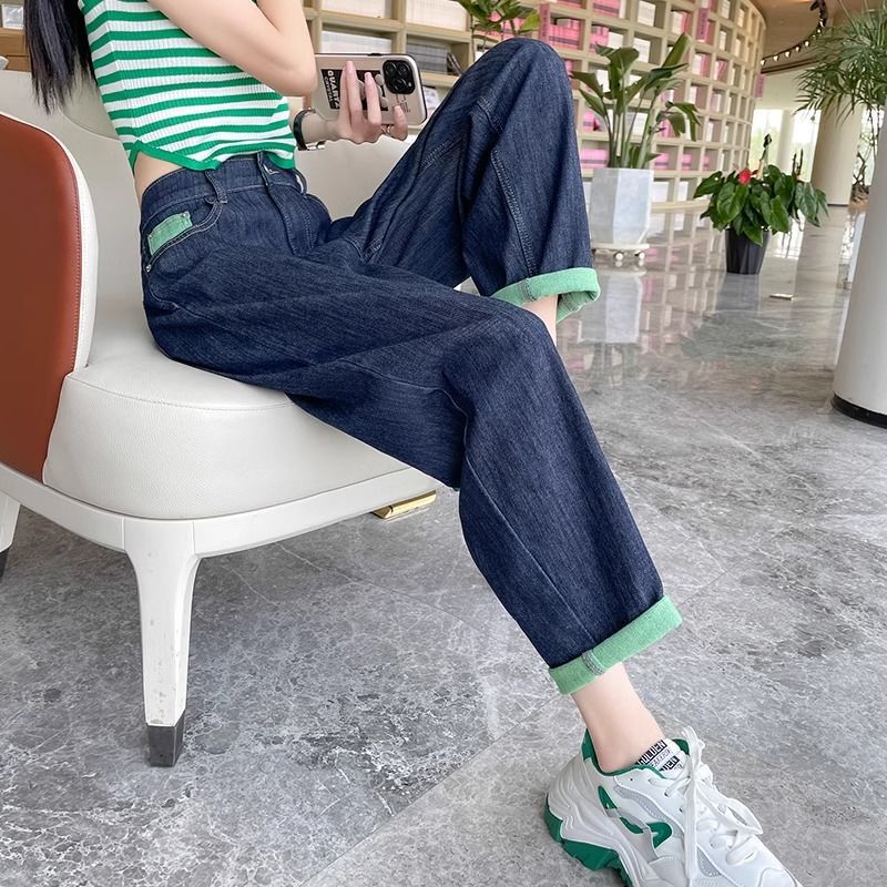 High Waist Slim Look Jeans Women's 2024 Spring and Autumn Contrast Stitching High Waist Loose Harlan Nine-point Torre Trendy Pants