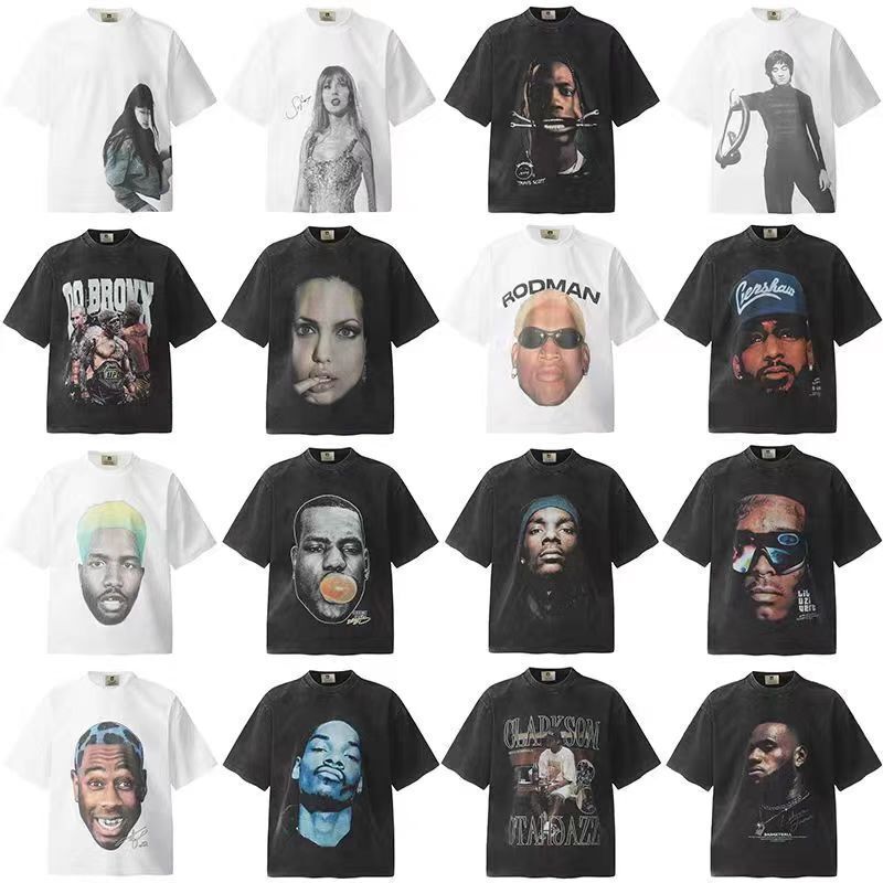 Vintage American High Street Big Face Portrait Print Heavy Washed Distressed Couple Loose Short-Sleeved T-Shirt Trendy