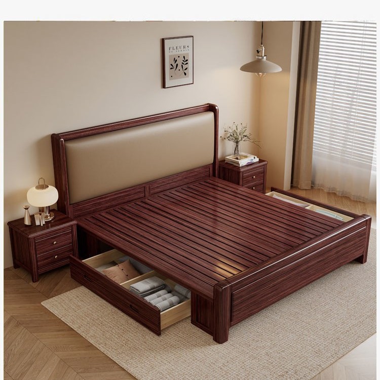 Nuevo estilo chino madera maciza dorada cama de nuez cama principal doble 1.8 × 2m 1.5m cama de matrimonio blanda moderna