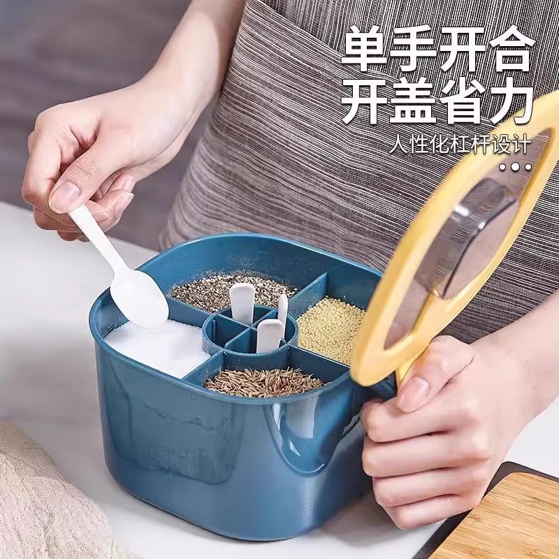 Juego de caja de condimento de cuerpo cuatro en uno de tanque de sal Combinación de azúcar MSG Cocina doméstica Caja de condimento a prueba de humedad de gran capacidad