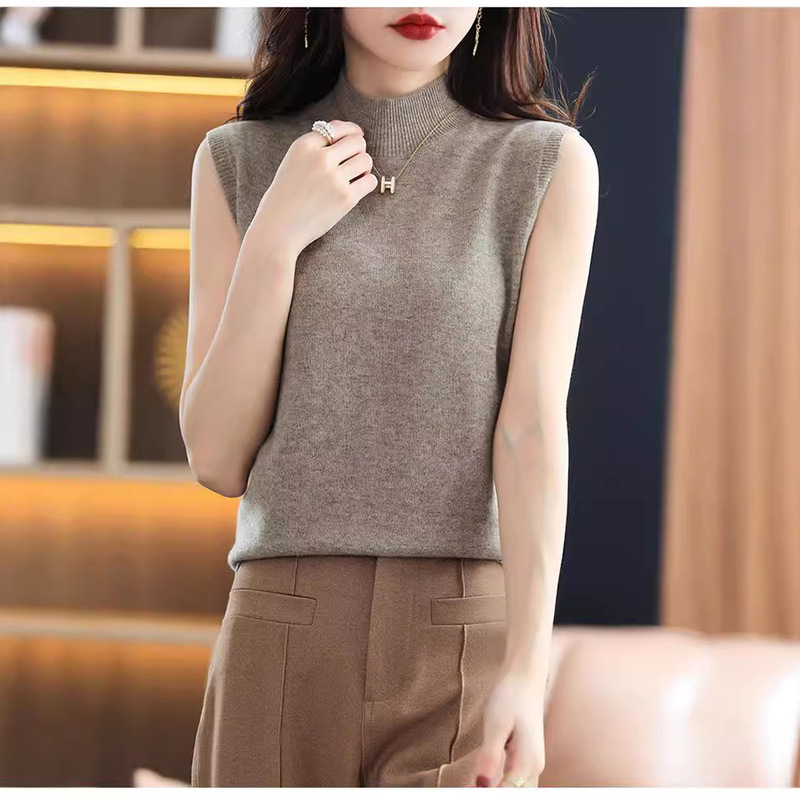 Women's Sleeveless Half-high Neck Thin Vest Inner Sweater Pullover Slim-fit Loose Knitted Base Shirt Outer Wear Top