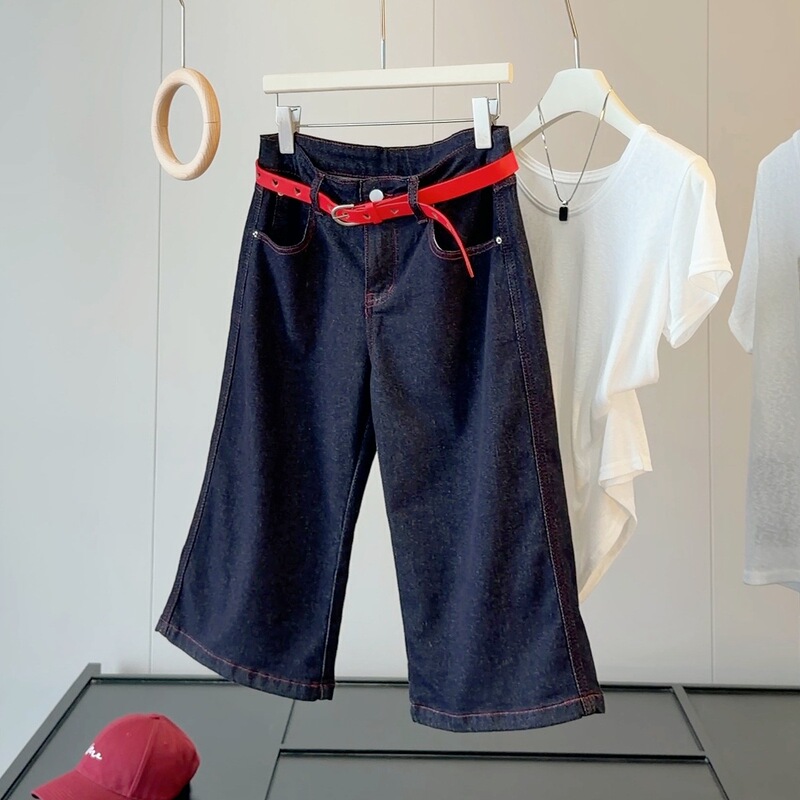Vintage Washed Flared Cropped Jeans for Women, Summer New Style, Low-Waist, Petite, Slimming Wide-Leg Pants with Belt