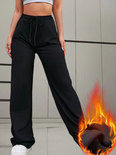 European and American Style Women's Fleece-Lined Loose Straight Pants Casual Sports Wide-Leg Pants Autumn and Winter Women's Fleece-Lined Outerwear Pants