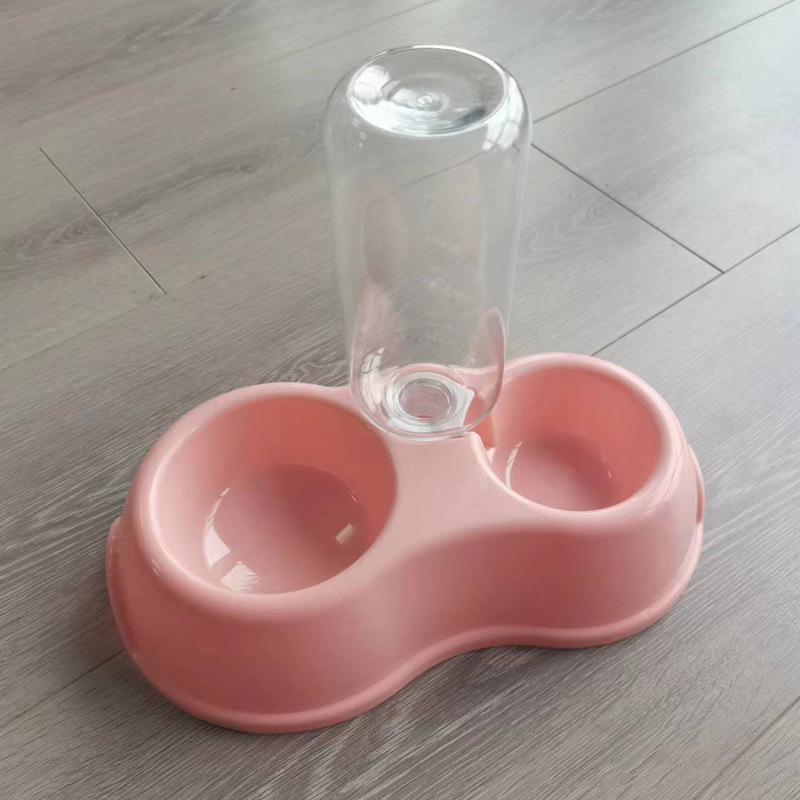 Thin INS with drinking water bottle round plastic pet double bowl to…