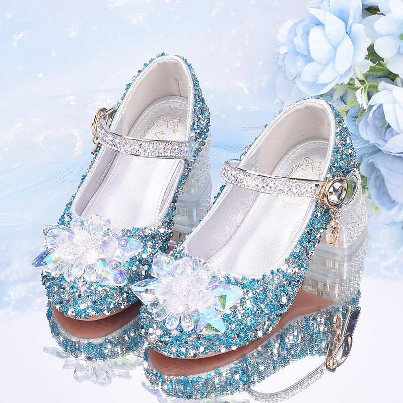 Girls' high heels shiny rhinestone Princess crystal shoes Children's leather shoes model online red shoes performance high-end dress shoes