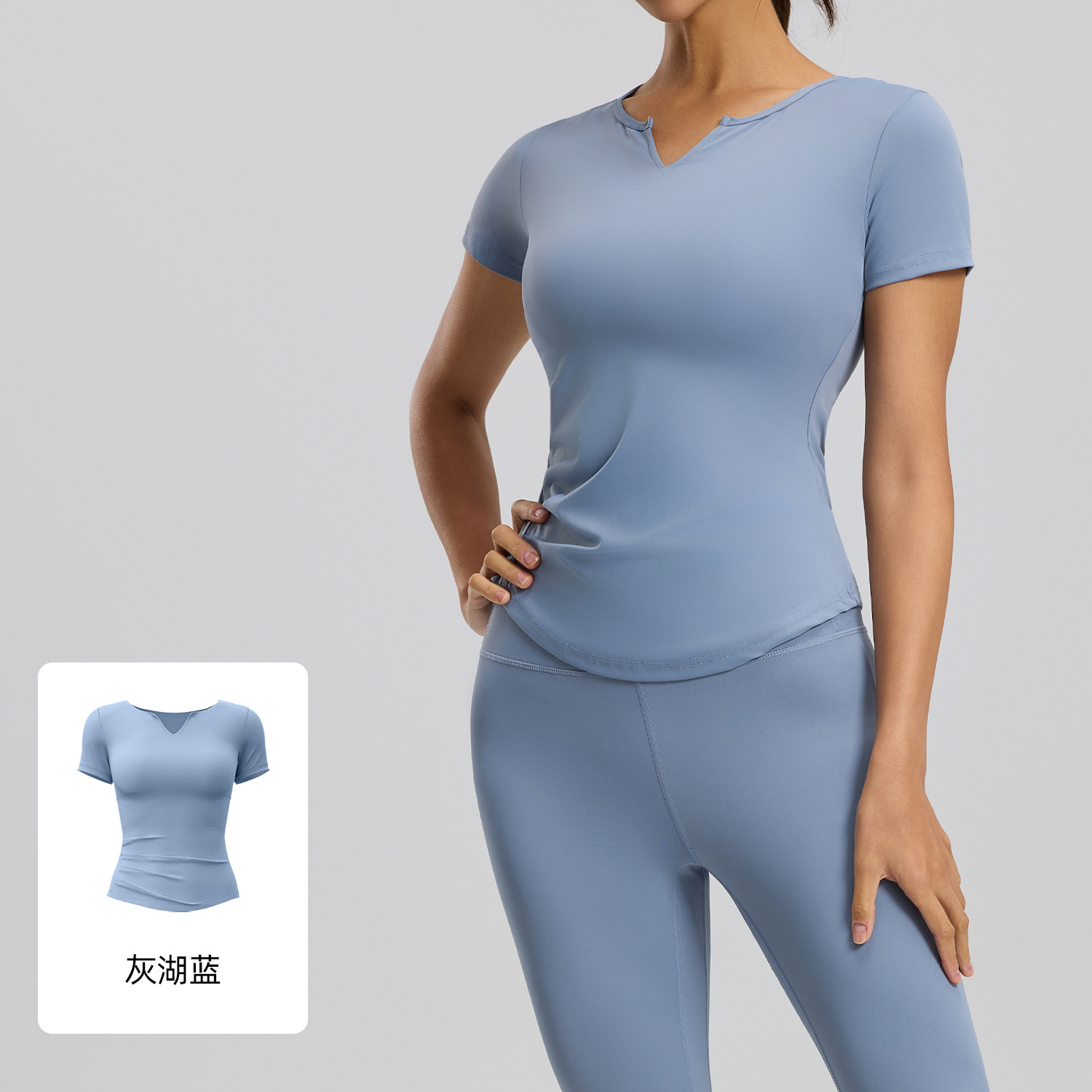 Juyitang Yoga con cuello en V Manga corta Desnudo de secado rápido Fitness plisado Top deportivo Mujer corriendo