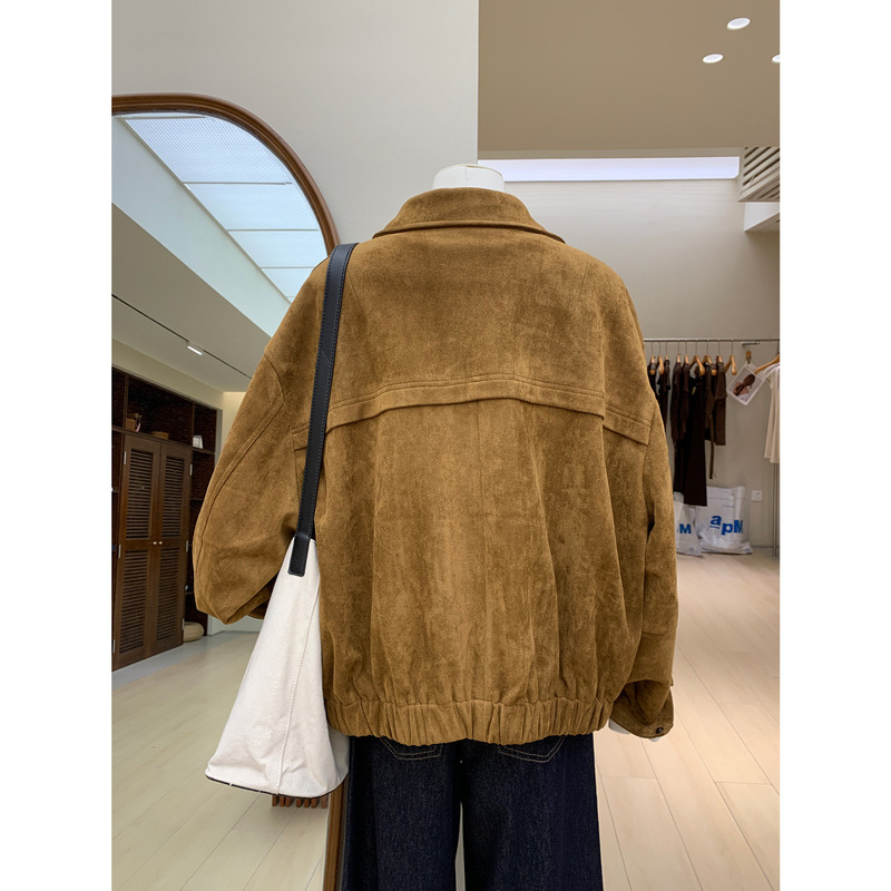 经典中古阔版环保哑光麂皮绒面宽松翻领皮夹克美拉德休闲咖色外套|undefined