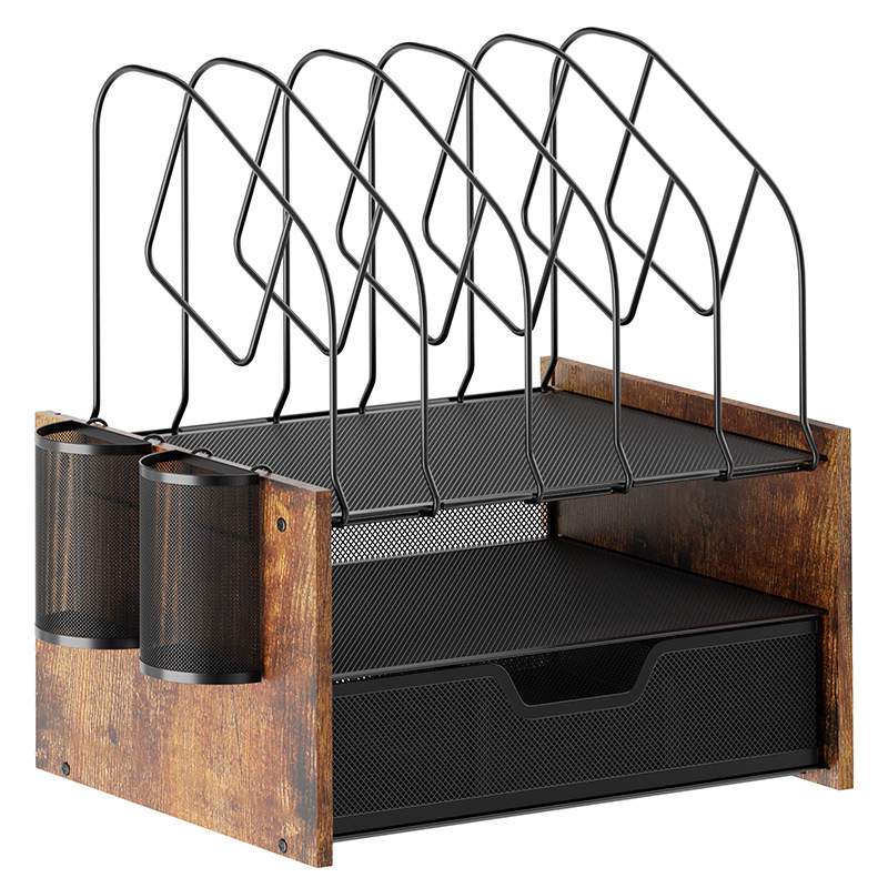 Organizador de escritorio de 4 capas con malla, madera con cajón, para oficina en casa, venta transfronteriza image 7