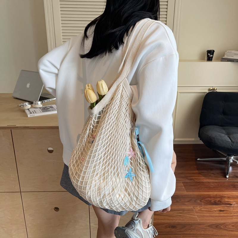 해변 작은 신선한 손으로 짠 가방 2025 새로운 토트 백 중공 낚시 그물 가방 핸드백 휴가 해변 가방