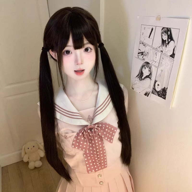 Lasulja z dolgimi lasmi za ženske - naraven videz, dnevni slog Lolita, 75 cm ravni lasje s frufrujem, kostum za celotno glavo, JK, mala Lolita