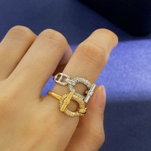 经典时尚百搭光面日字OT猪鼻子满钻戒指优质黄铜镶锆石手饰戒指