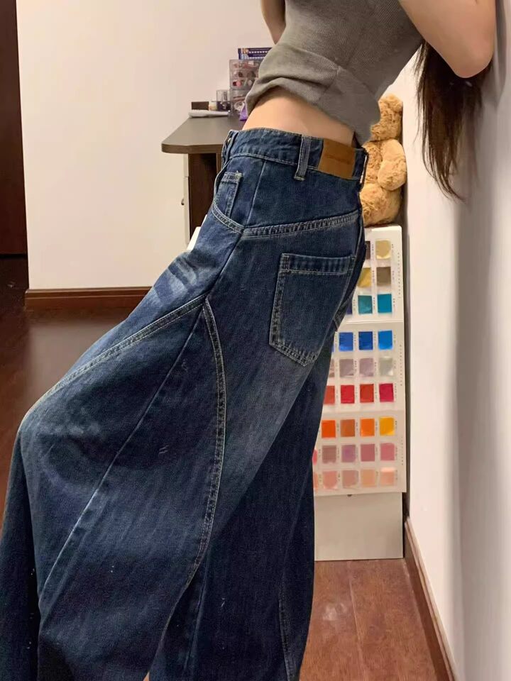 Quần jeans nữ ống cong cạp cao dáng rộng phong cách retro, quần dài có lót lông — Quần đơn màu xanh đậm chi tiết 5
