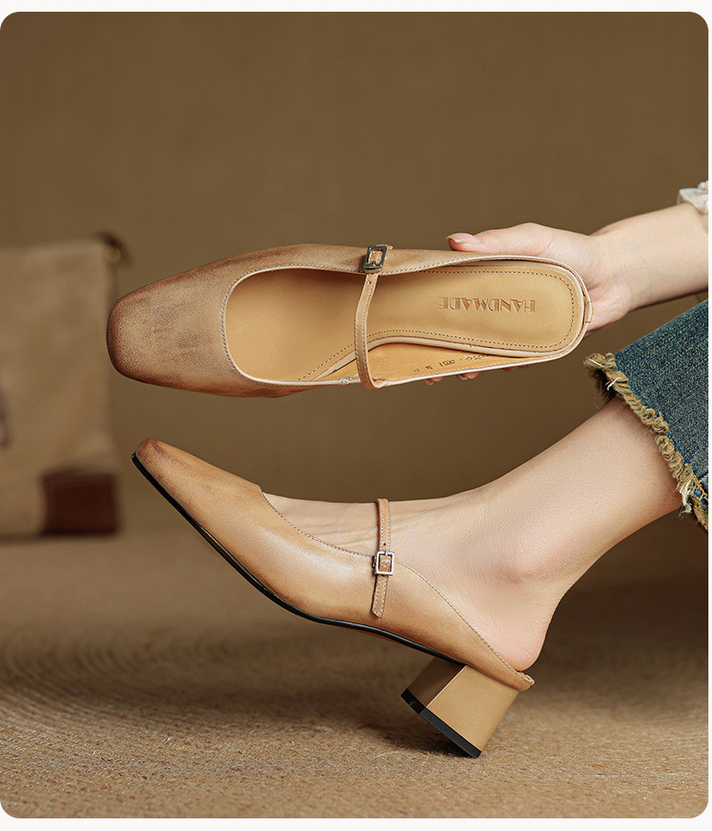Sandal nữ quai ngang mũi vuông gót 4.5 cm da bò bít mũi hở gót — đen chi tiết 10
