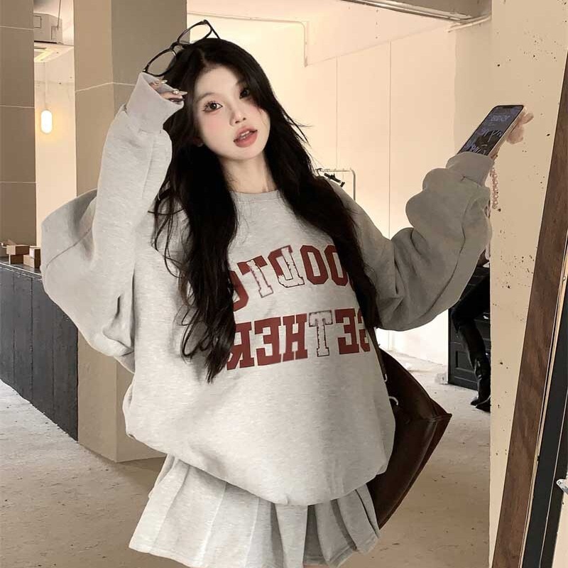 American gray fashion suit women's letter print sweater autumn and winter high waist A- line pleated skirt skirt two-piece set