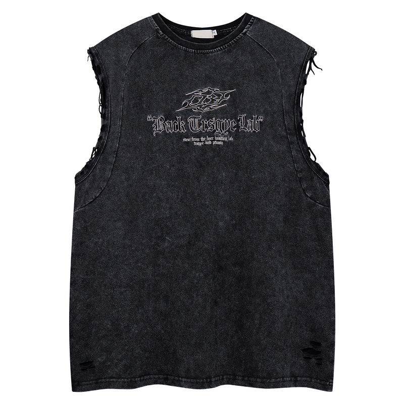 American-Style Washed Vintage Ripped Sleeveless Vest with Gothic English Embroidery, Raglan Loose-Fitting Street Retro Tank Top