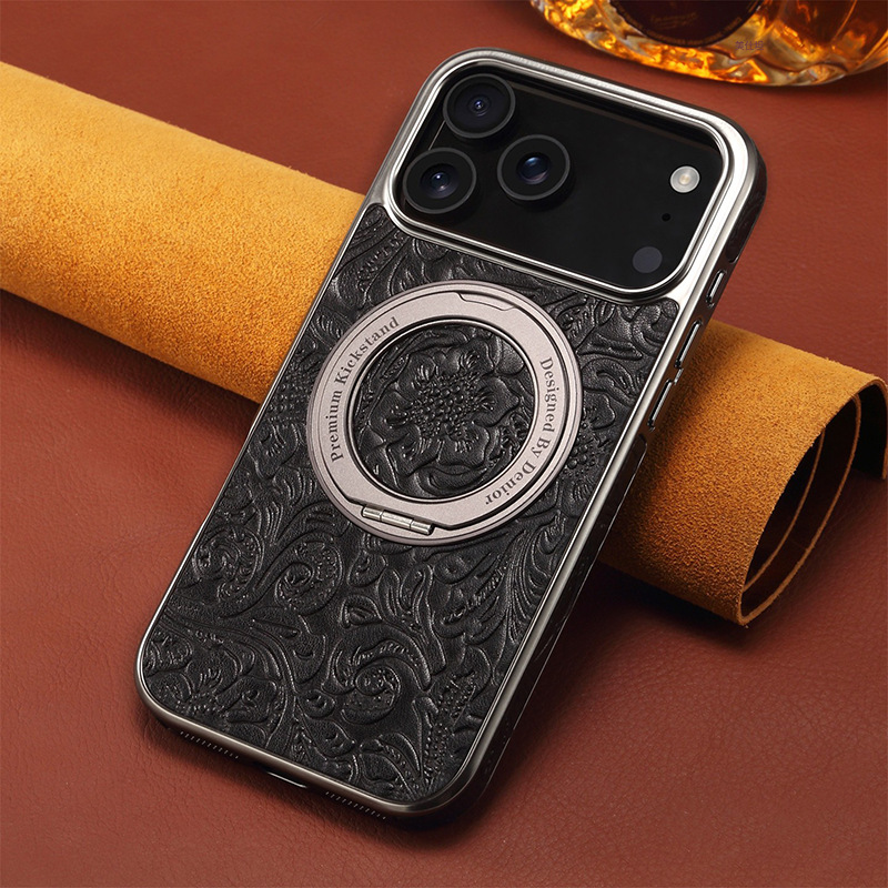 Ốp lưng từ tính chống rơi cho iPhone 14–17 Pro Max, chất liệu da mềm, có giá đỡ xoay — [Mẫu Đường đen ★ Đế xoay hút nam châm], [Mẫu Đường đỏ ★ Đế xoay hút nam châm]