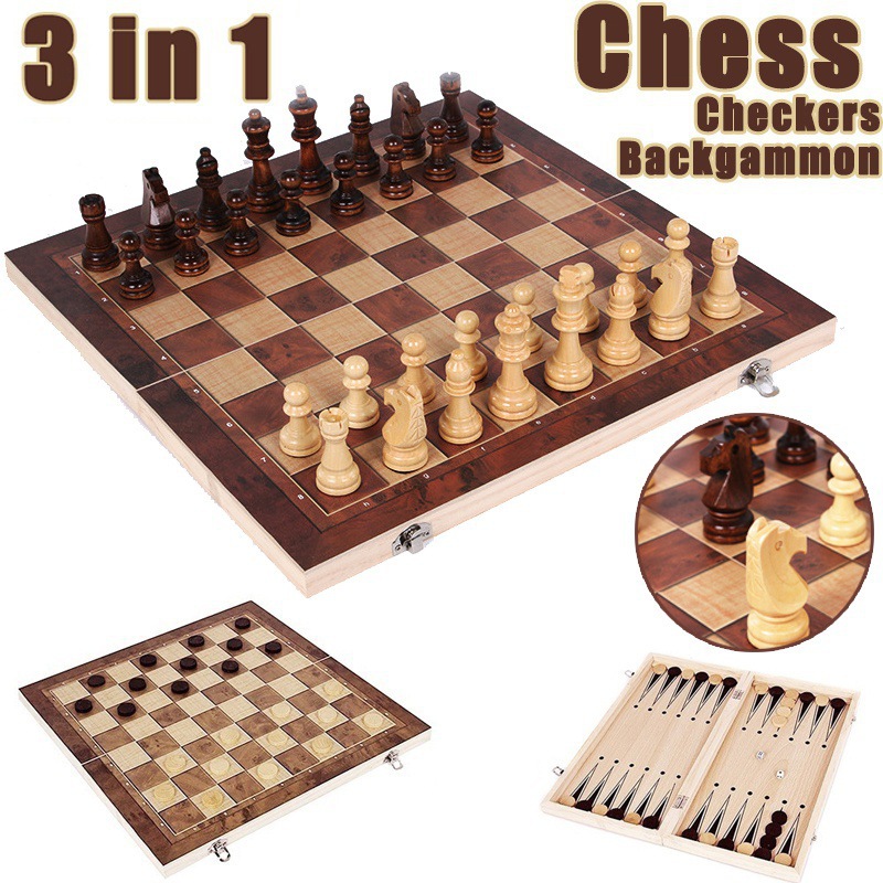 跨境木质可折叠3合1国际象棋西洋双陆棋跳棋木制棋盘折叠棋盘游戏