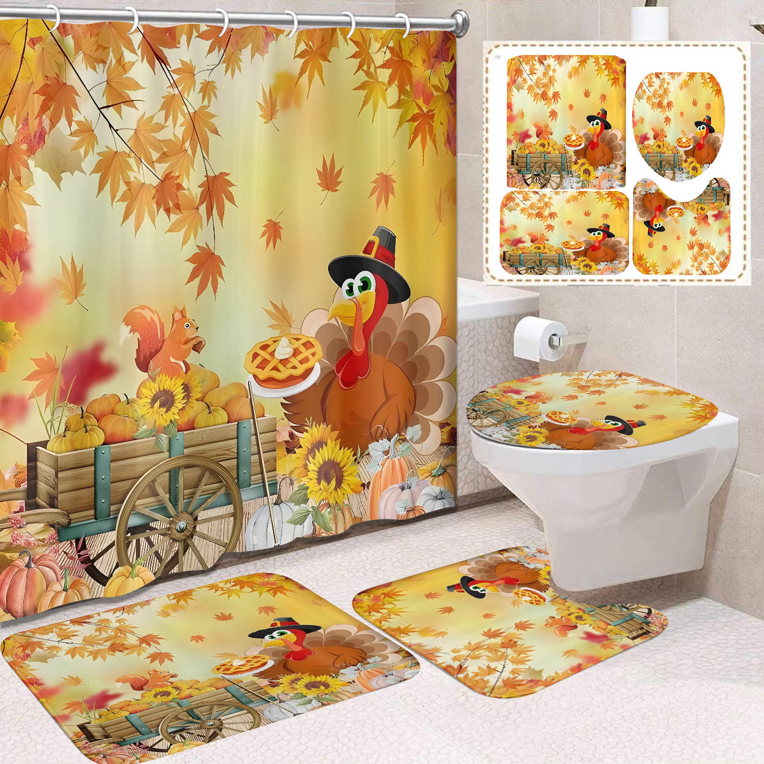 Cortina de ducha de Acción de Gracias, cosecha de otoño, serie de calabaza, cortina de ducha, cortina de baño, cortina de baño impermeable de poliéster, cortina de baño de cuatro piezas image 40