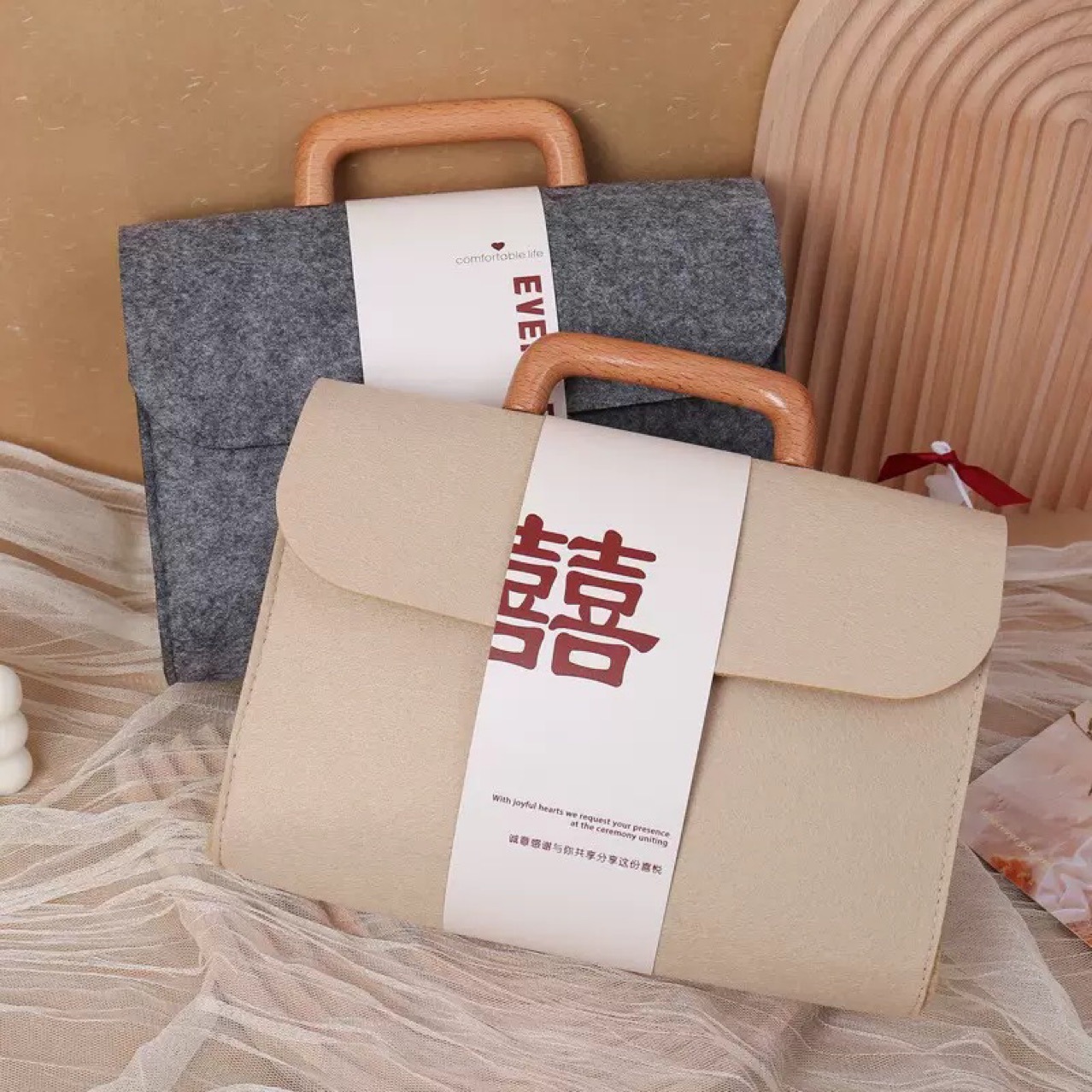 木提手毛毡包批发 高档创意礼盒礼品商务 毛毡手提包厂家批发时尚