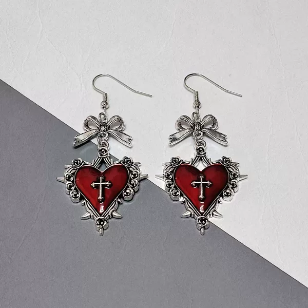 New Dark Blood-Colored Heart-Shaped Rose Bow Thorn Gothic Earrings with Unique European and American Design Pendants