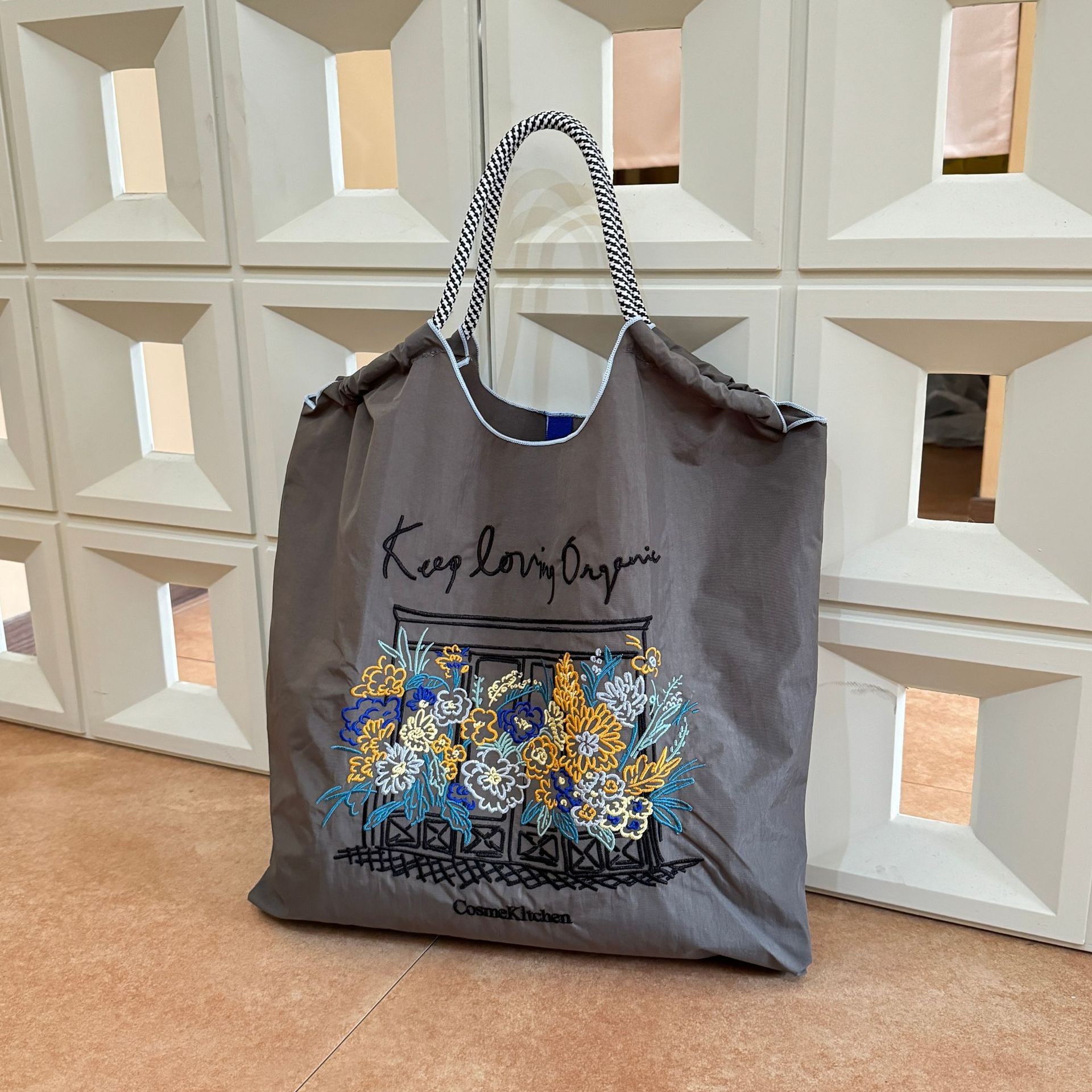 Bolsa de compras ecológica de cadena de bolas casera japonesa, bolsa de lona portátil bordada de tela de nailon, bolsa de compras de nailon