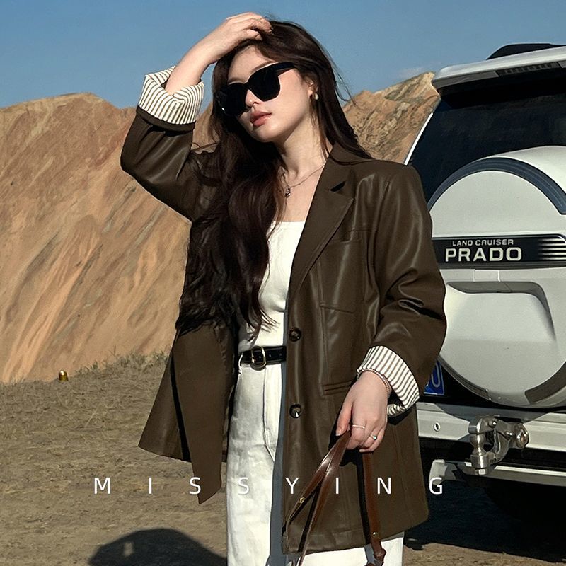 2024ゆるいレトロ高級皮服コート女性ジャケット機関車微太った長袖上着太ったmm皮スーツ|undefined