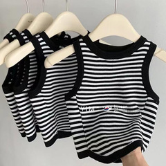 Boys and Girls 2023 Summer New Small and Medium Children Stylish Striped Sleeveless Tank Top Thin Children Round Neck T-Shirt
