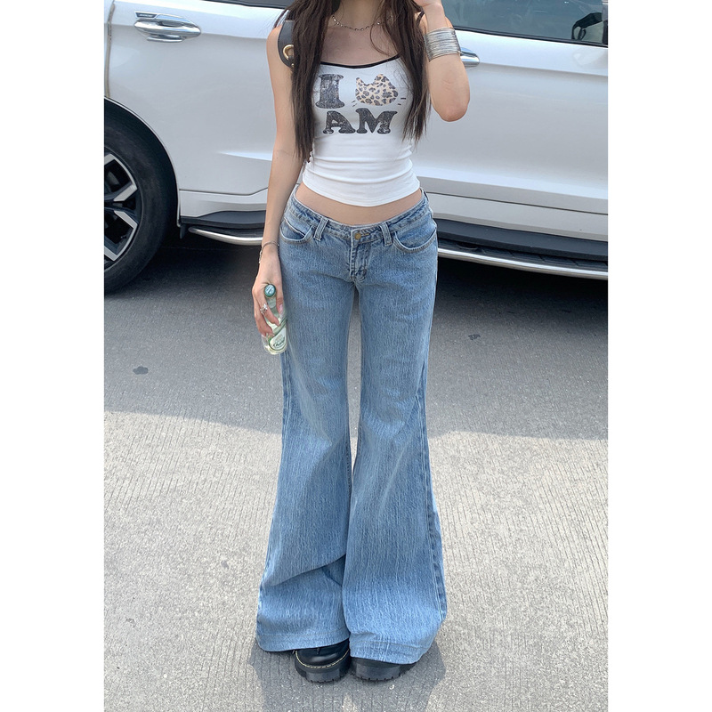 竹节纹低腰微喇牛仔裤女2025年秋冬新款辣妹显瘦百搭马蹄喇叭裤子|undefined