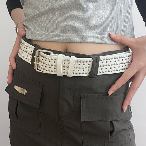 Trendy Personality Belt for Women, Punk Style, Teenager Star Rivet Wide Belt, Double Fastener Waist Closure, Hot Girl Y2K Belt