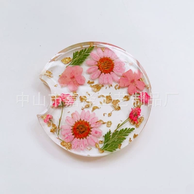 Creative New Style Dried Flower Car Cup Mat Resin Car Cross-Border Round Universal Handmade Decoration for Car Interior (Other Automotive Interior Supplies) - 6605cm-pink