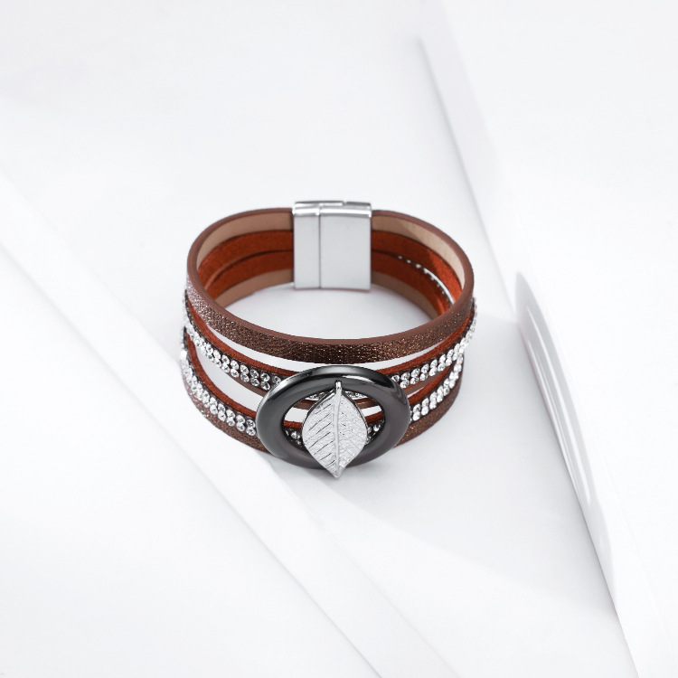 Bohemian Multilayer Hot Rhinestone Leaf Leather Bracelet