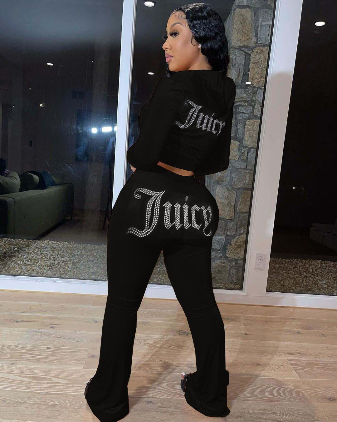 Gold Velvet Hot Rhinestone Letters Hoodd 2 Piece Set NSLS99640