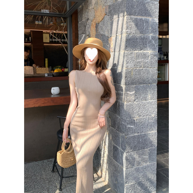 度假风无袖针织背心裙女夏季 坑条收腰修身显瘦包臀连衣裙长裙|undefined