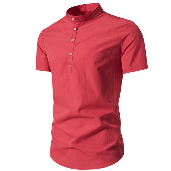 2023 foreign trade men's short sleeve shirt collar pullover solid color button casual fashion short sleeve shirt spot