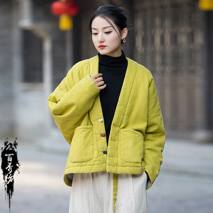 2025 Winter New Cotton and Linen Women's Clothing Artistic Retro Buttoned Cotton-Padded Top Women's Ramie Warm Short Cotton Coat