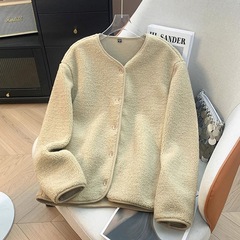 秋冬季新款摇粒绒短外套女V领休闲加厚保暖羊羔绒毛毛宽松上衣潮