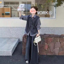 2025新款不规则马甲条纹衬衫阔腿裤套装春秋季松弛感三件套巨好看