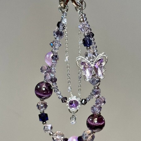[Purple Butterfly Dream] Light Luxury Purple Butterfly Crystal Beaded Mobile Phone Chain Heavy Industry Classy Niche Pendant Keychain