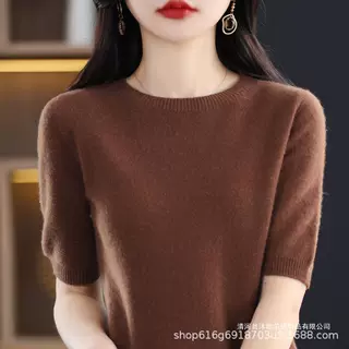 2024春秋新款女式纯羊毛短袖打底衫圆领套头毛衣半袖纯色内搭毛衣