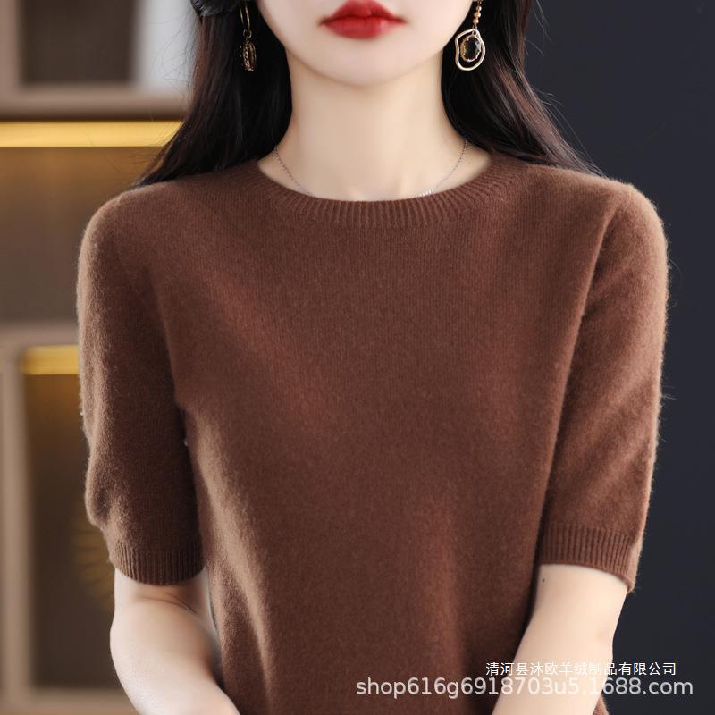 2024 Spring and Autumn New Women's Pure Wool Short-sleeved Base Shirt Crewneck Pullover Sweater Half-sleeved Solid Color Inner Sweater 2024 Spring and Autumn New Women's Pure Wool Short-sleeved Base Shirt Crewneck Pullover Sweater Half-sleeved Solid Color Inner Sweater
