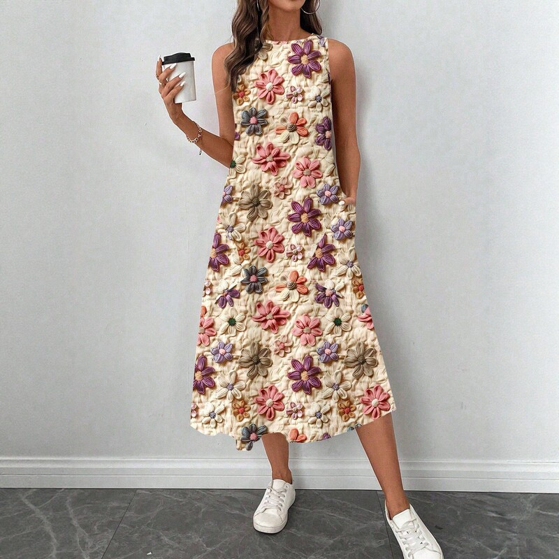 Women's Casual Floral Round-Neck Mid-Length Dress, Suitable for Spring and Summer Wear, Perfect for Going Out, Fashionable and Casual