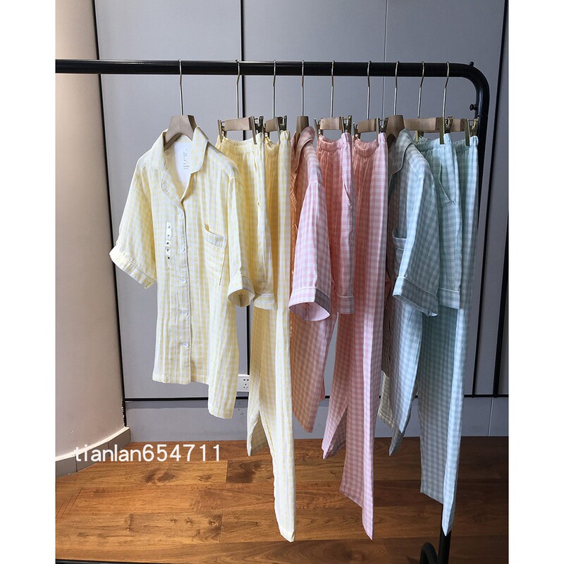 Three-Piece Set, Stock up on Pure Cotton ~ Cotton Double-Layer Yarn Breathable Short-Sleeved Pajamas + Shorts + Pants Home Clothes 075