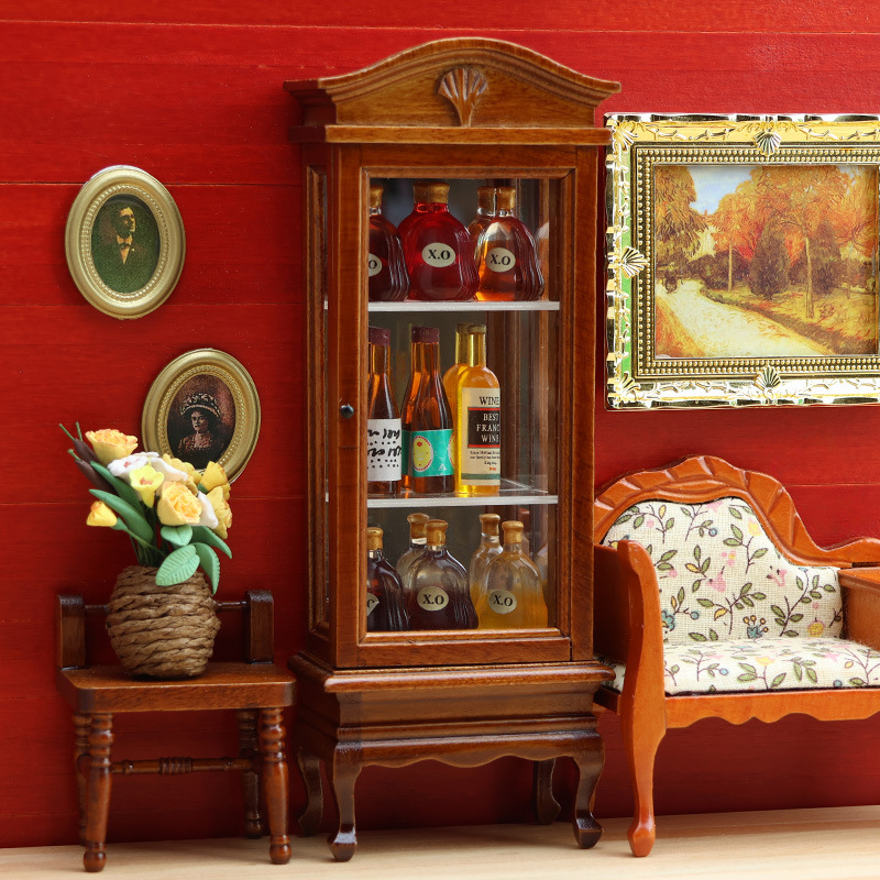 1:12娃娃屋DOLLHOUSE迷你家具微缩食玩木质栗色弧顶展示收纳柜子|undefined